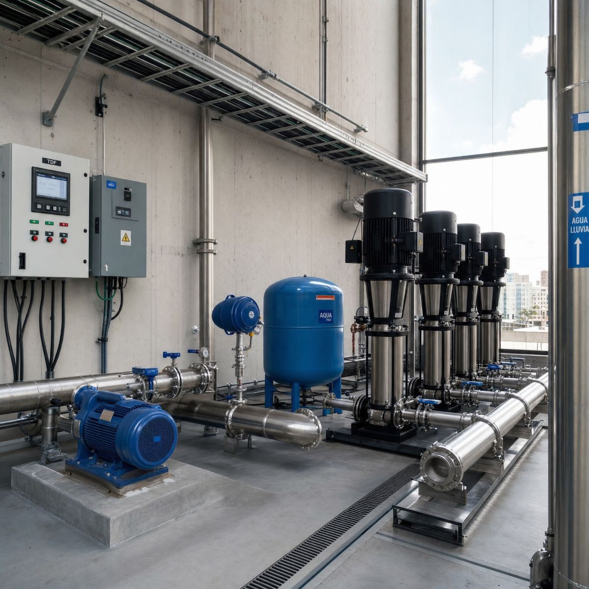Sistema de bombeo y presurización para captación de agua pluvial con bombas, equipo hidroneumático y control automatizado.