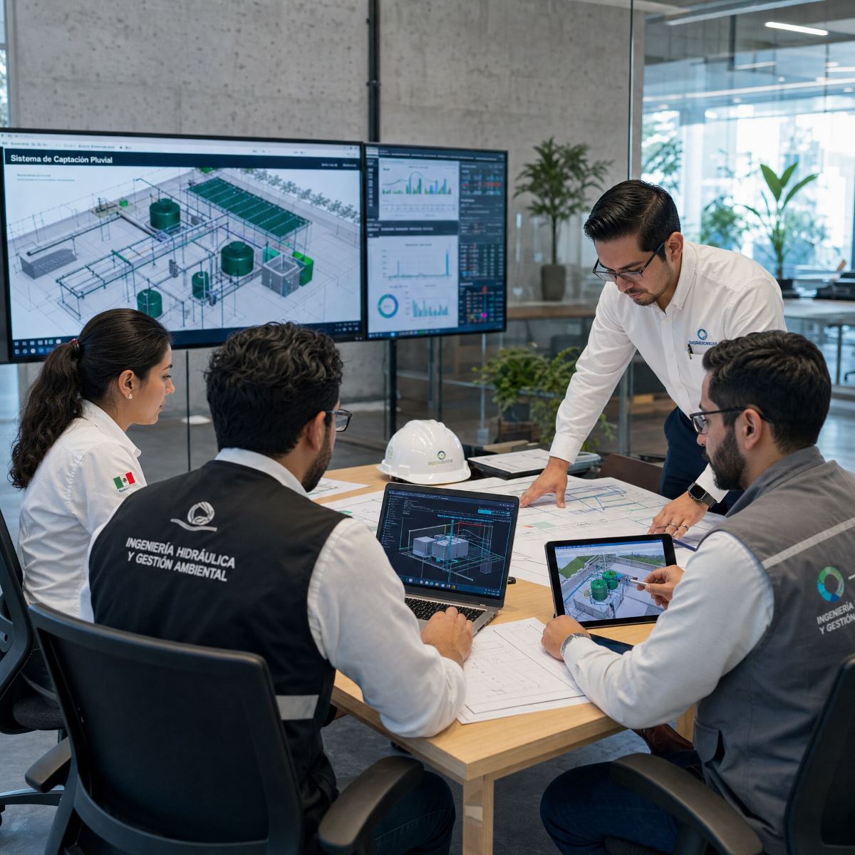 Ingenieros desarrollando el diseño e ingeniería de un sistema de captación de agua pluvial mediante cálculos hidráulicos y modelado técnico.