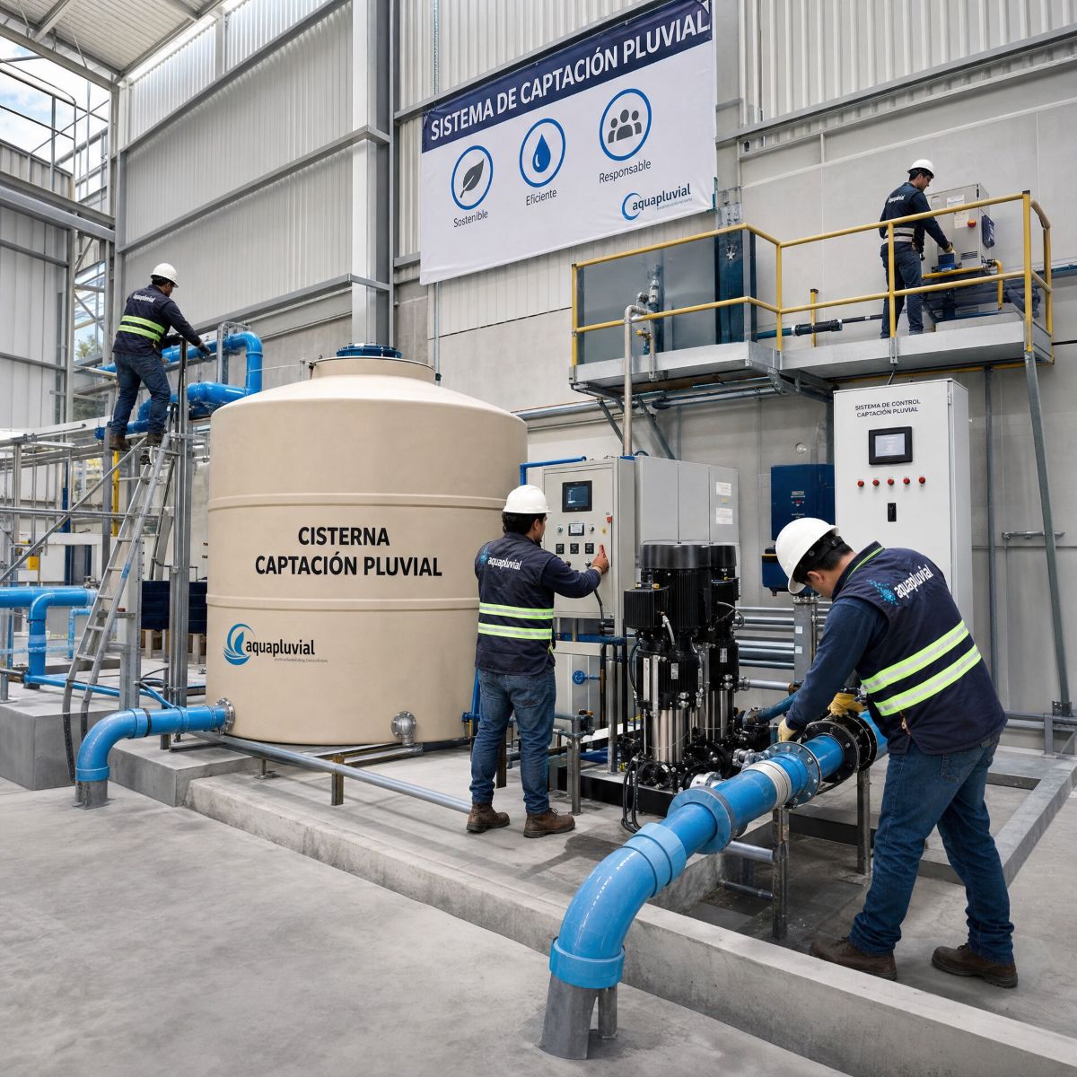 Técnicos especializados realizando la instalación de un sistema de captación de agua pluvial industrial con bombeo, filtración y almacenamiento.