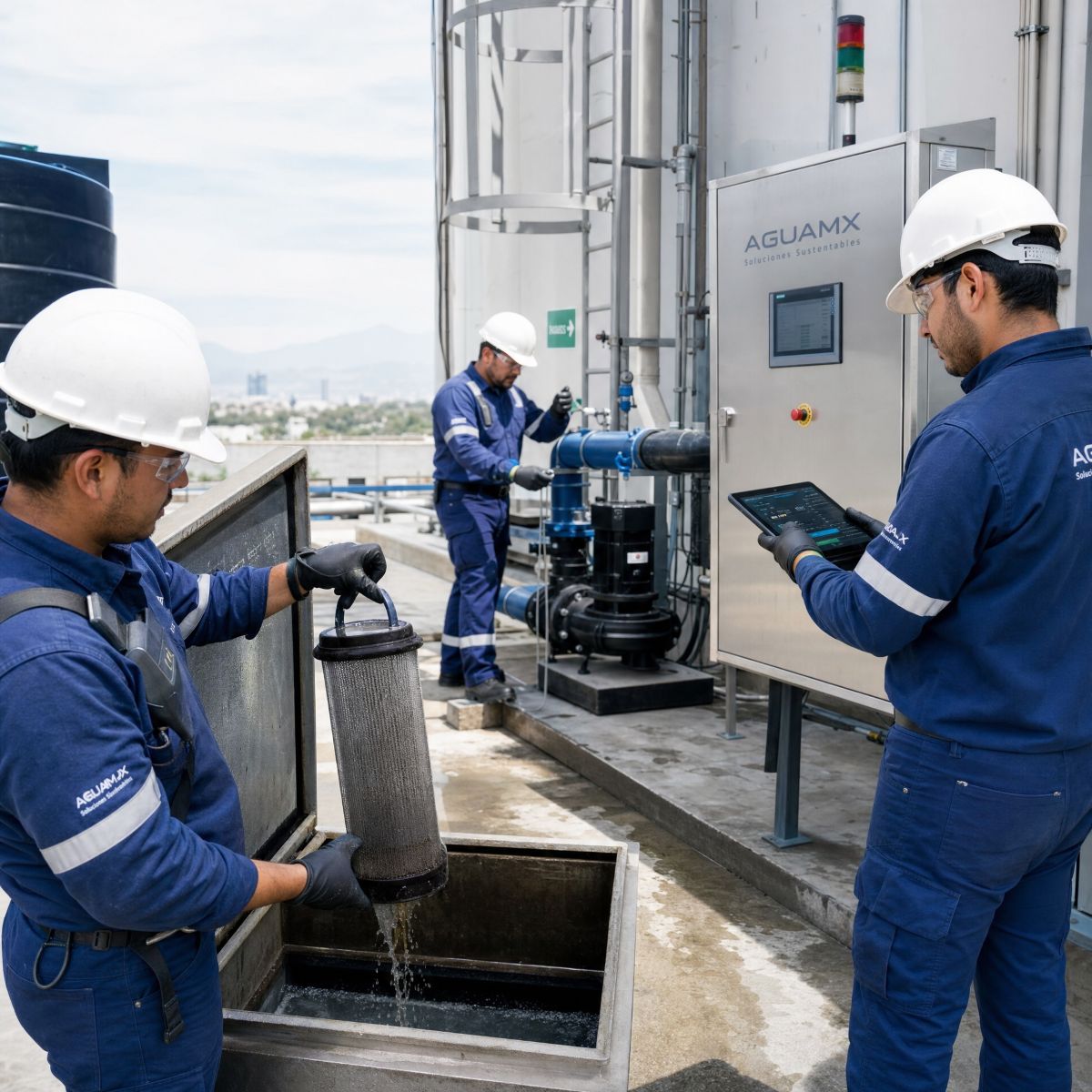 Técnicos realizando mantenimiento preventivo y optimización de un sistema de captación de agua pluvial industrial.