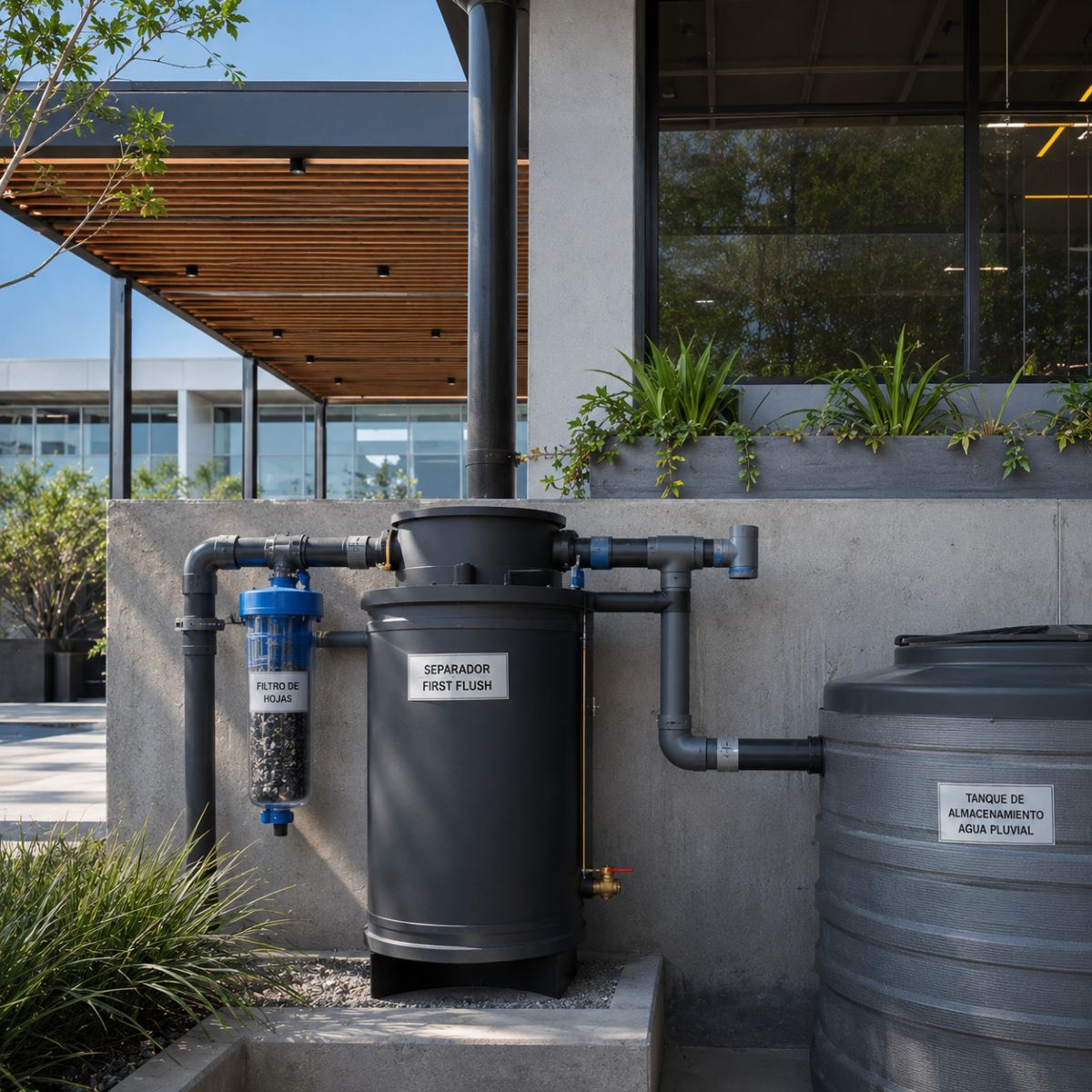Separador de primeras lluvias y accesorios hidráulicos para mejorar la calidad del agua en sistemas de captación pluvial.