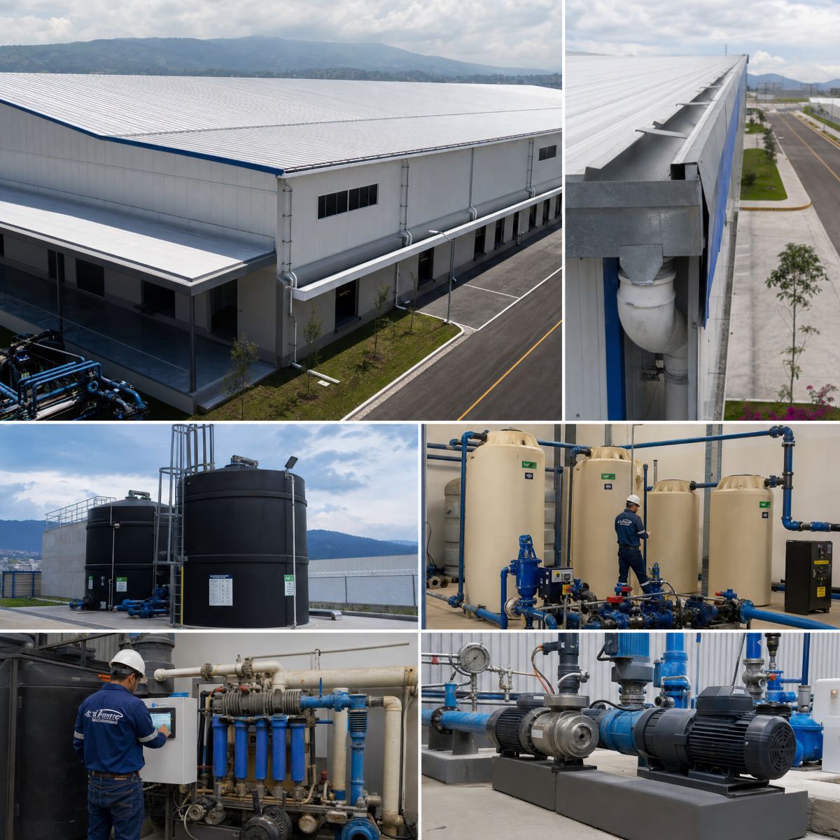 Sistema integral de captación de agua pluvial industrial instalado en parque industrial con cisternas, filtración y bombeo automatizado en México.
