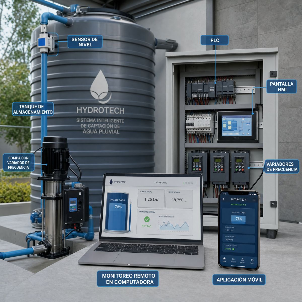 Sistema automatizado de captación de agua pluvial con sensores, monitoreo remoto, PLC y control inteligente.