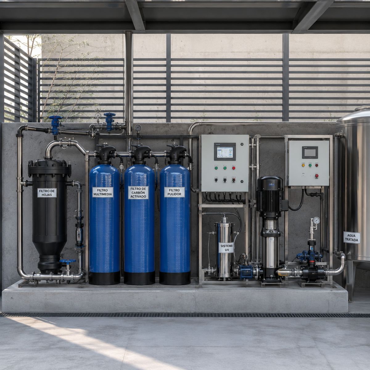 Sistema de filtración y tratamiento de agua pluvial con filtros multimedia, carbón activado y desinfección ultravioleta.