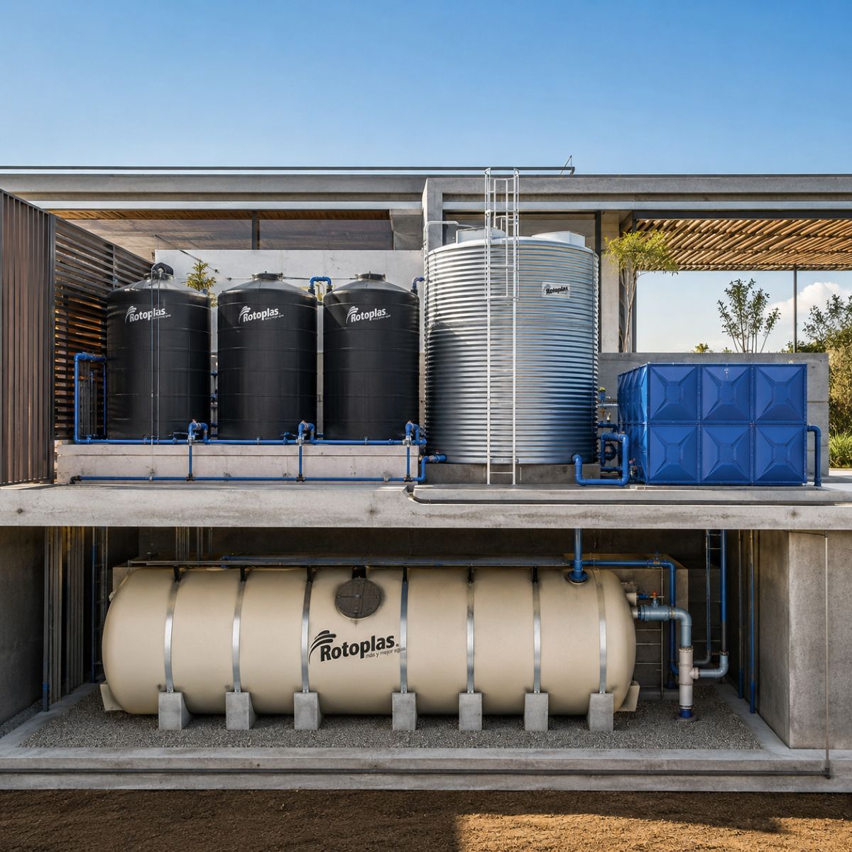 Tanques y cisternas para almacenamiento de agua pluvial en aplicaciones residenciales, comerciales e industriales.